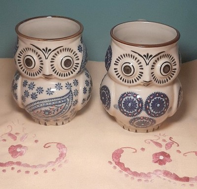 Royal Yokohama Studio 3 D Owl Coffee Tea Mug Cup Blue Black On Cream set of 2