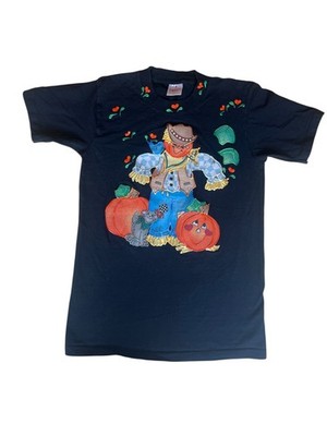 Vintage 90s Puffy Paint Halloween T-Shirt Pumpkin Ghost Print Black Size Small