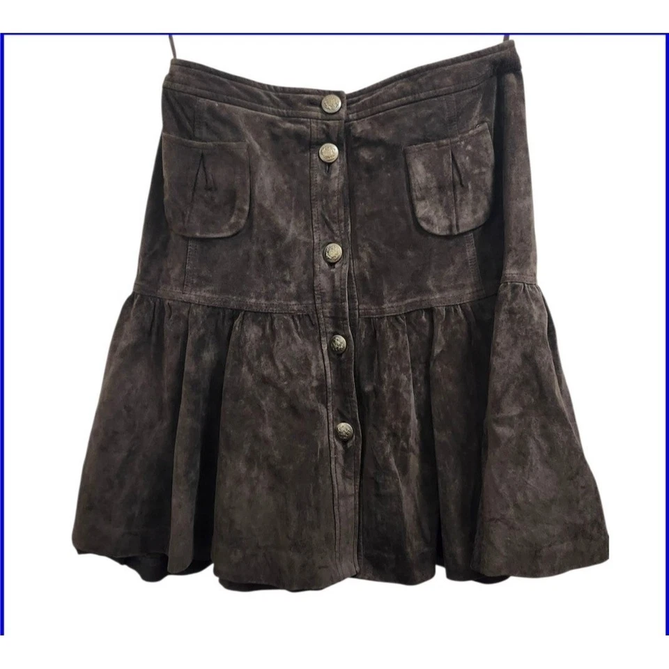 LOFT Marrón Gamuza Botón Frontal Falda Cintura Alta Volantes Dobladillo Solapa Bolsillos Boho 8 Foto 2 de 4