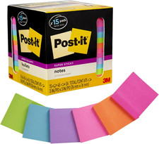 Post-It Super Sticky Notes, Assorted Bright Colors, 3X3 In, 15 Pads/Pack, 45 She