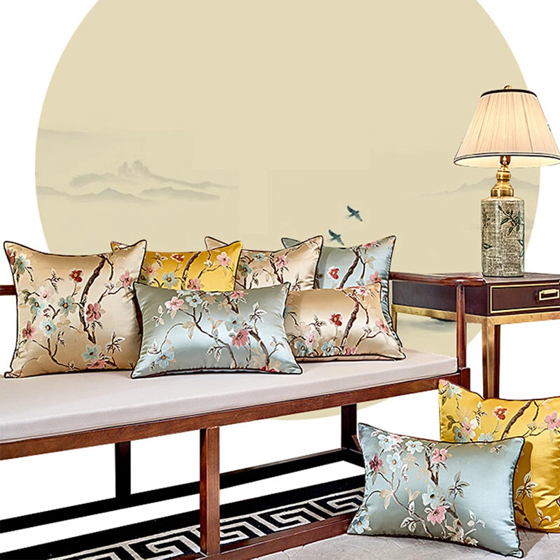 Silk Flower Satin Pillowcase Chinese Luxurious Embroidery Sofa Cushion Cover - Image 3 of 4