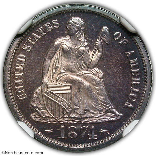 1874 Arrows Proof Liberty Seated Dime NGC PF65