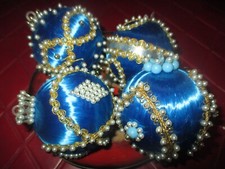 Handmade LOT of 4 Vintage BLUE BEADED SEQUINED Satin CHRISTMAS TREE ORNAMENTS- 3