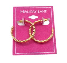Holiday Lane Heart Hoop Earrings Gold-tone 1-1/4" & Clear Crystal Accents