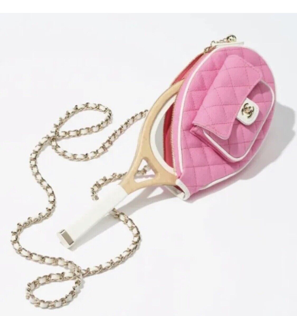 New 23c Chanel Runway Barbie Pink & White Tennis Racket Mirror Handbag Bag  💝slg