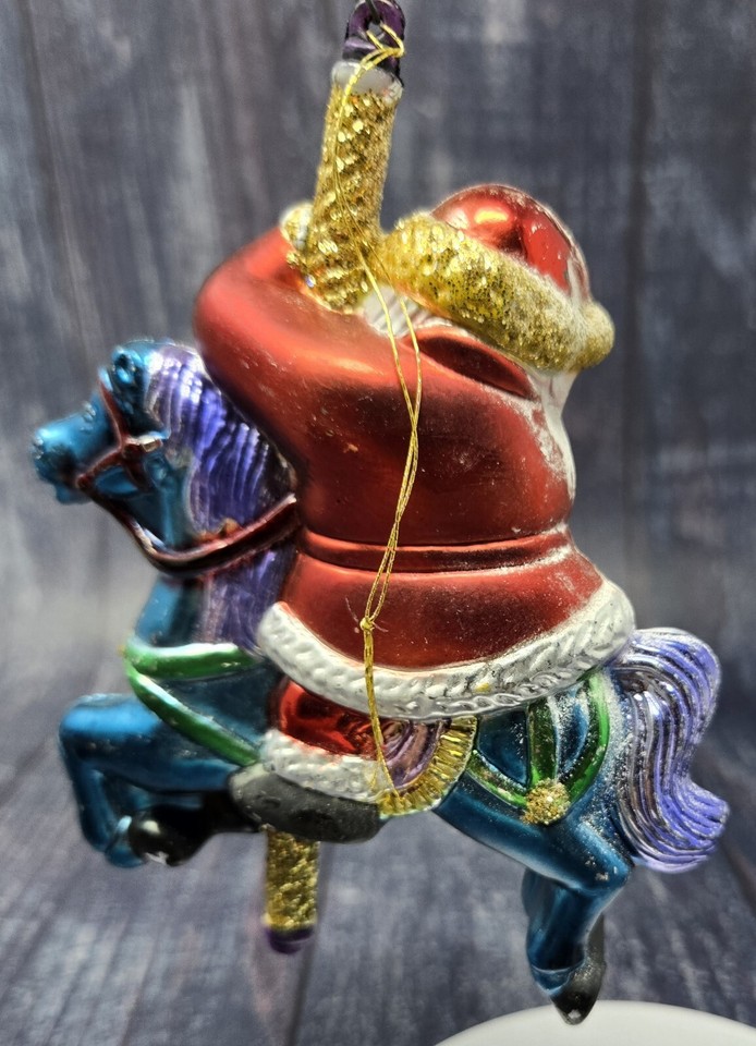 Vintage Glass Ornament Santa on Carousel Horses Merry Go Round Glitter