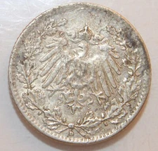 1916  D Germany- 1/2 Mark   Silver