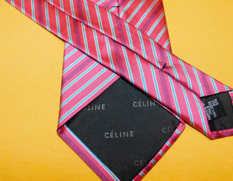 MEN'S CELINE MADE IN ITALY PINK/BLUE/WHITE STRIPED TIE - TIES - DESIGNER TIES. - Image 4 of 4