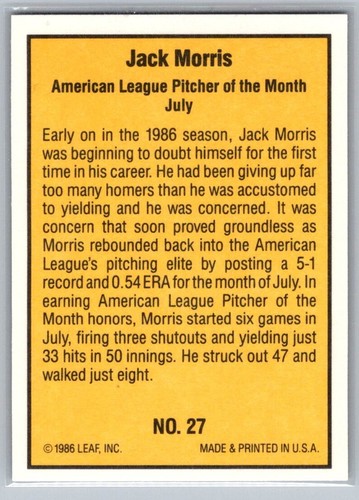 1986 Donruss Highlights Jack Morris #27 - Picture 2 of 2