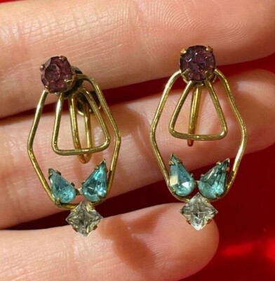 Vintage Harry Iskin Ohrringe blau Strass 12k GF Vogelkäfig Schraubverschluss Da4