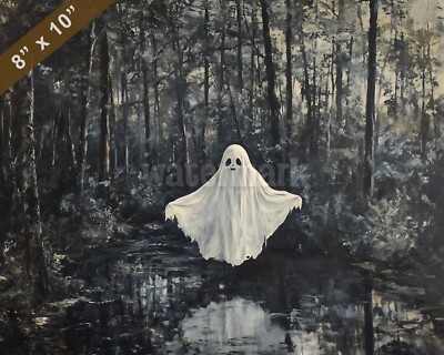 Halloween ghost floating through a dark forest oil painting 8x10 Print