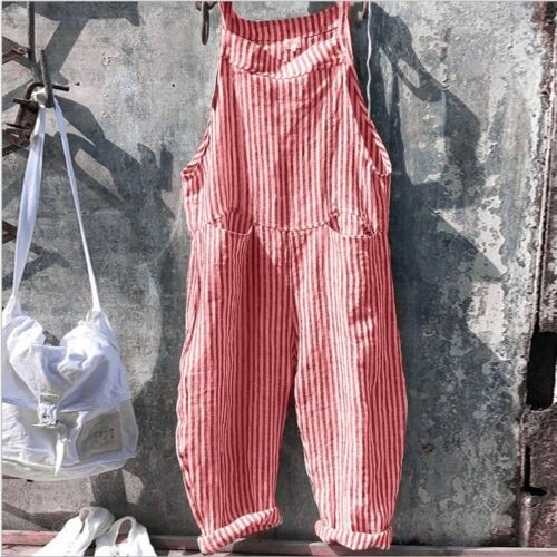 Lockere lässige gestreifte Damen-Latzhose Overall Sommer Overall Baggy Strampler Hose - Bild 9 von 12