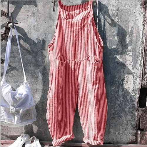 Women Loose Striped Dungarees Jumpsuit Summer Overalls Baggy Romper Casual Pants - Afbeelding 13 van 21