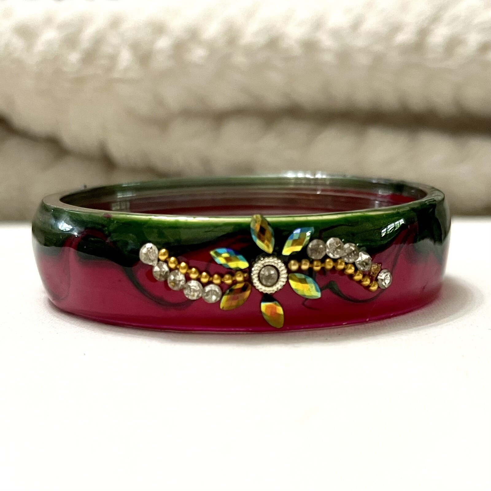Bangle Bracelet Acrylic Floral Design with Rhinestones Red Green Hand Painted 3”-image