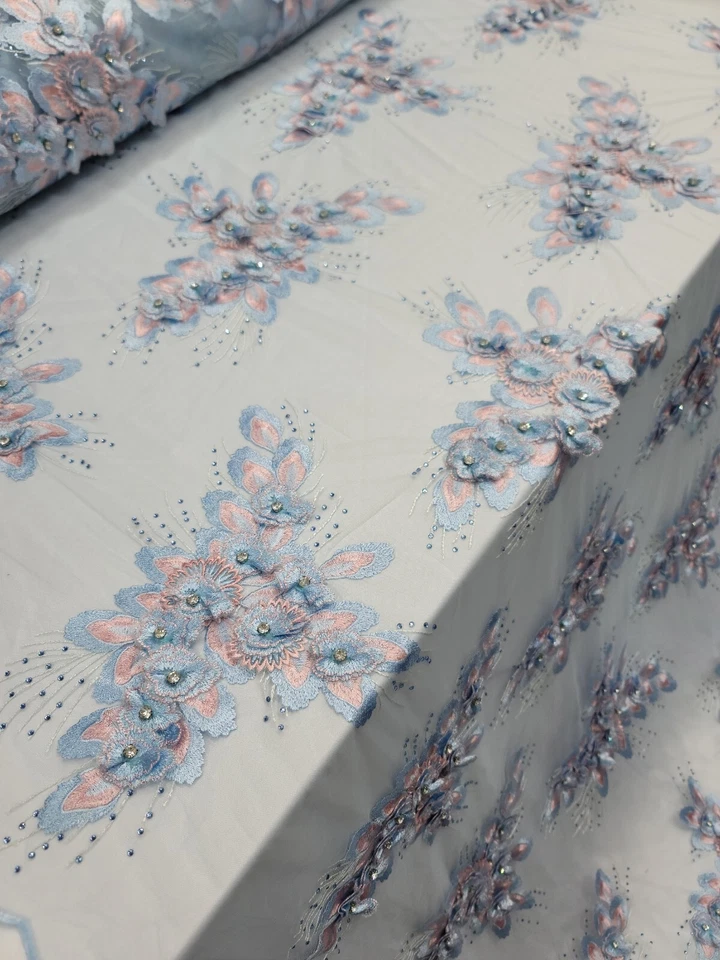 Tela azul cielo por yarda 3d floral encaje bordado pedrería graduación quinceaña Foto 3 de 4
