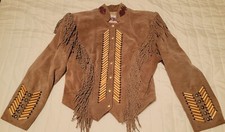 Diamond Leathers Suede Jacket Tan Western Fringe Aztec Hand Sewn Indian Beads 10