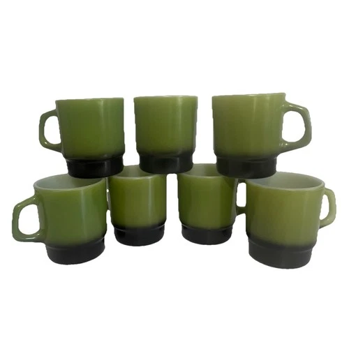 Vintage Fire King Anchor Hocking Stacking Mugs x7 In Avocado Green w/Black Base