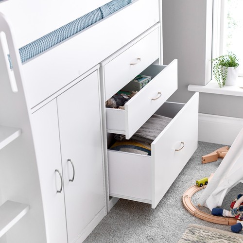 Wooden Mid Sleeper Storage White Bed – Kids Cabin Bed with Drawers & Shelves - Picture 4 of 7