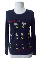 VTG CYN LEE by SHIRLEE Navy Blue HE LOVES ME HE LOVES ME NOT Daisy Sweater Sz M