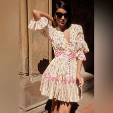 NWT La Fuori 100% silk lyrical ruffle mini dress medium boho cream 