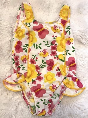 Beautiful Baby Girls White Yellow Bumblebee Flower Frilly Swimsuit- 12-18 Months