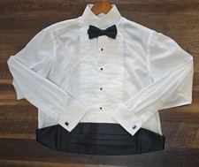 Formal tuxedo med shirt shiny black buttons, cufflinks, black bow tie cummerbund