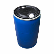 55 Blue Plastic Storage Drum Barrel w/ Black Lid and Bung Openings.