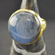 Gold Gilded Round Labradorite Sterling Silver Ring Sz 8