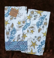 Seashells Starfish Coral Kitchen Terry Towel Set Kay Dee Golden Seas Pattern NWT