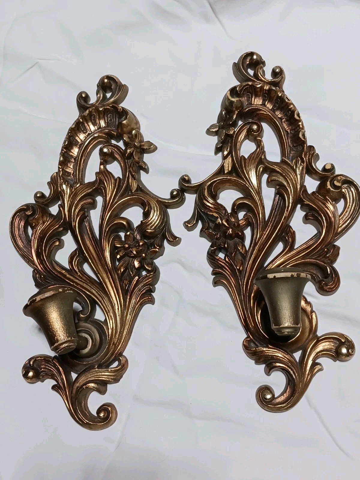 Vintage Wood Wall Hanging Candle Holders- Painted Gold- Set 