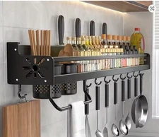 1pc Kitchen Wall-mounted Spice Storage Rack With Hooks, Hanging Tableware new