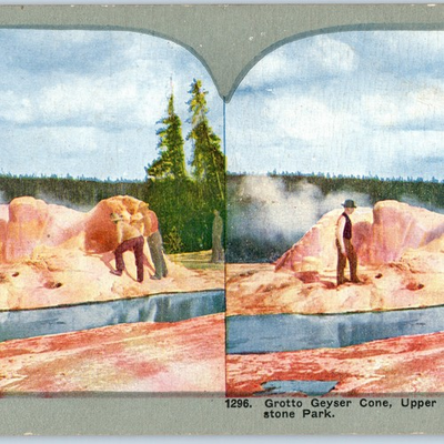 #ad c1900s Yellowstone Park Grotto Geyser Cone Upper Basin Geothermal Stereoview V46 $6.98