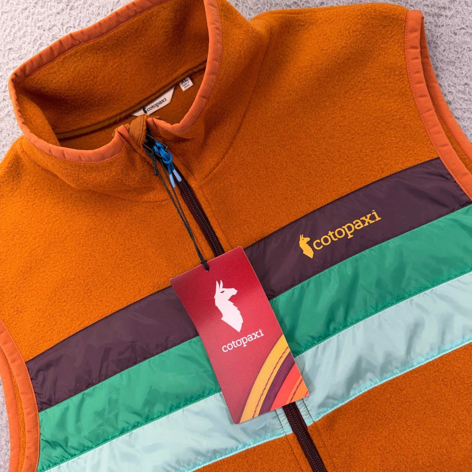 Cotopaxi Teca Fleece Vest Mens XL Orange Green Brown Colorblock Hiking Outdoors