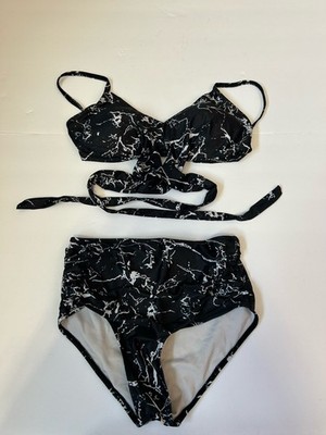 Black White Marble Print High Waist Bikini Set Adjustable Strap Lined S