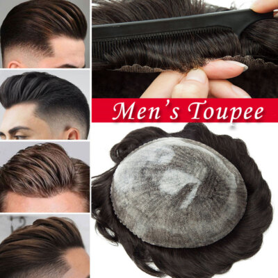 Mens Toupee Human Hair Replacement System V-loop Thin Skin Hairpiece Full Base A