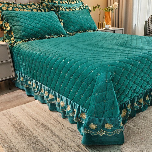 Embroidered Thick Crystal Velvet Bedspread Set Quilted Queen King Size Coverlets - Picture 41 of 68