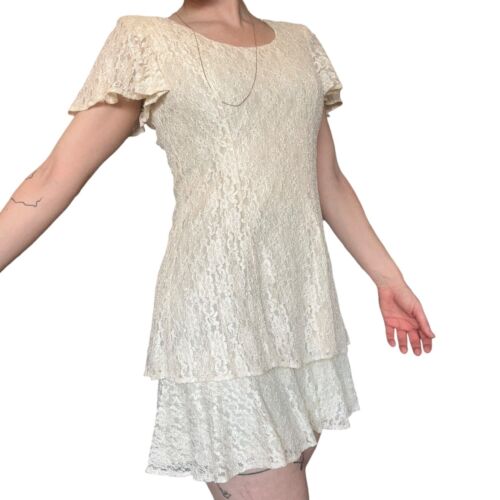 Vestido de novia de colección años 80 90 All that Jazz marfil crema en capas encaje manga acampanada S - Imagen 2 de 5