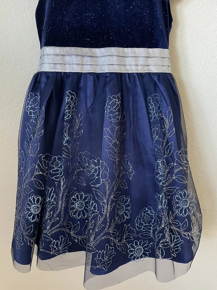 Vestido para niñas Jona Michelle azul plateado brillante manga gorra plisado forrado talla 5 Foto 4 de 4