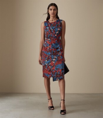 Reiss Red Blue Diona Cross Back Dress UK BNWT