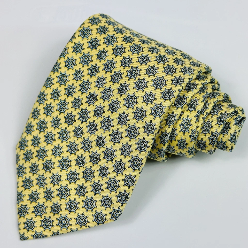 VINEYARD VINES 船方向盘 100% 真丝领带黄色 AOP 手工制作 美国制造 — 第 3/4 张图片