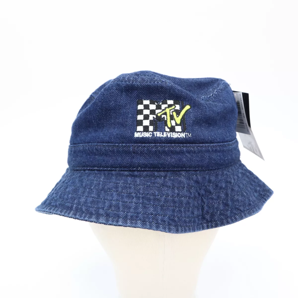 MTV Music Television Denim Bucket Hat Retro Embroidered Checkered Logo Adult M/L