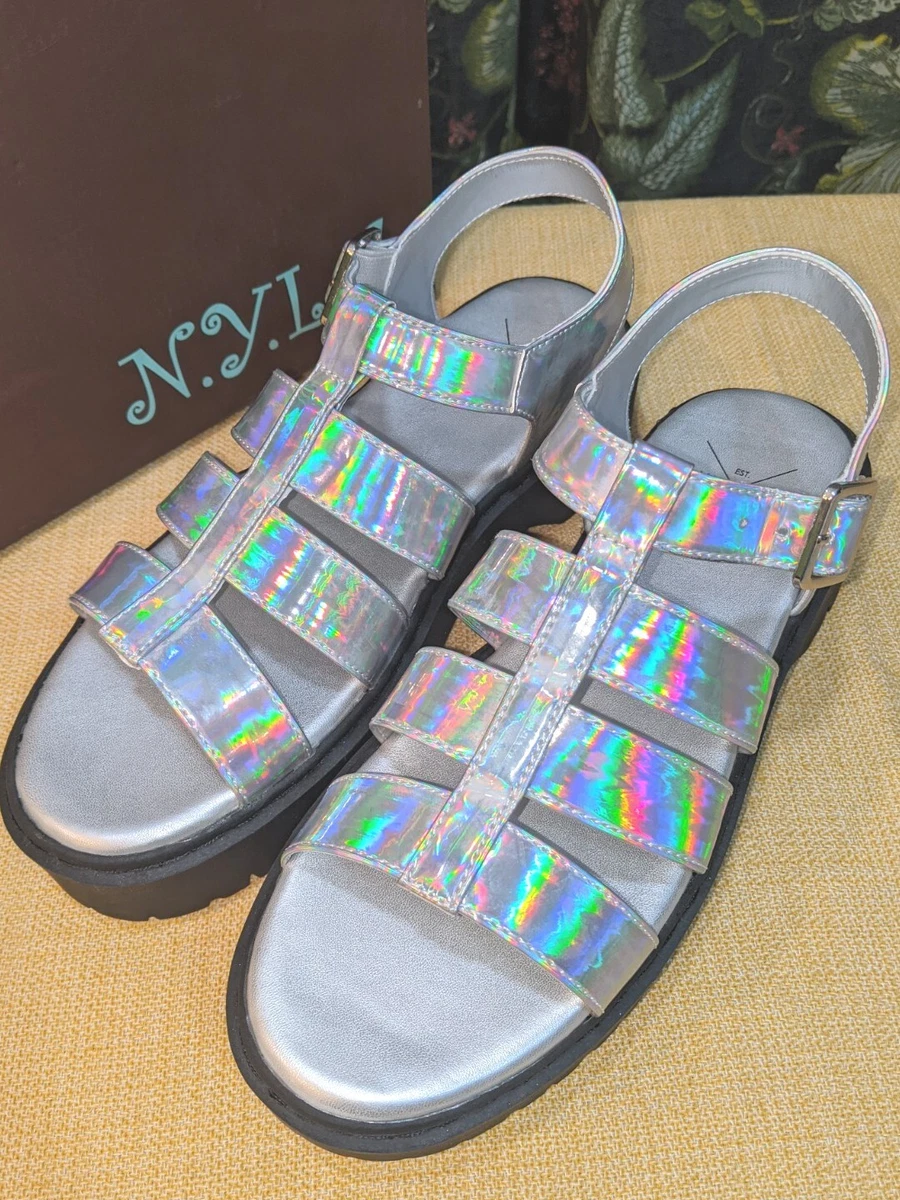 Holographic buckle sandals store