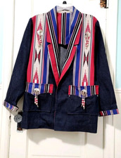 VINTAGE Native South Western Denim Dark Blue Jacket Large XL Red Beaded Pockets