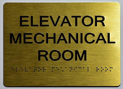 Elevator Mechanical Room Sign-Gold With Braille and Raised Letters (Size 5x7)