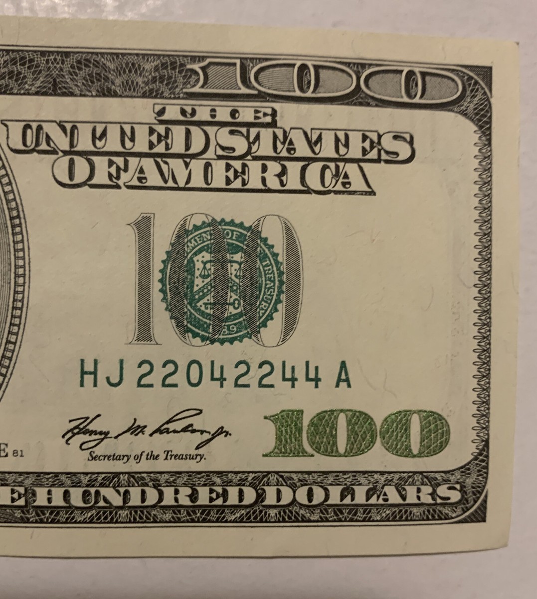 2006 Series $100 Bill Fancy Trinary Serial Number HJ 22042244 A | eBay