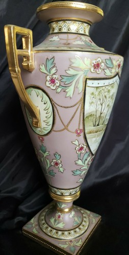 ANTIQUE NIPPON HAND PAINTED URN VASE GOLD BEADED/HAND PAINTED MUSEUM QUALITY 14" - Picture 6 of 12