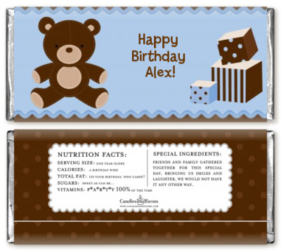 Teddy Bear Blue Personalized Birthday Party Candy Bar Wrappers - Candy Favor