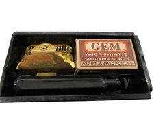 Military WW II Era Vintage Gem Safety Razor Set Gold Tone Bakelite Handle Case