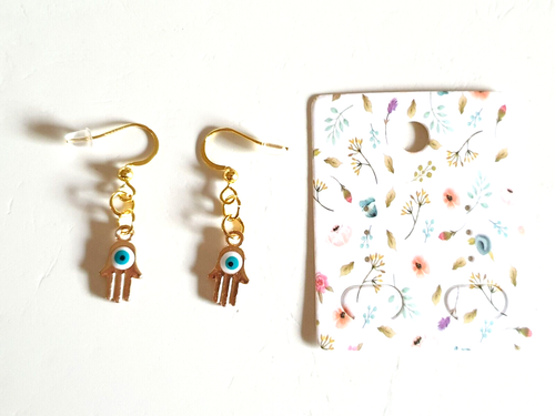 🧿Sweet White Evil Eye Hasma Amulet Gold Plated Earrings🧿 - Picture 4 of 8