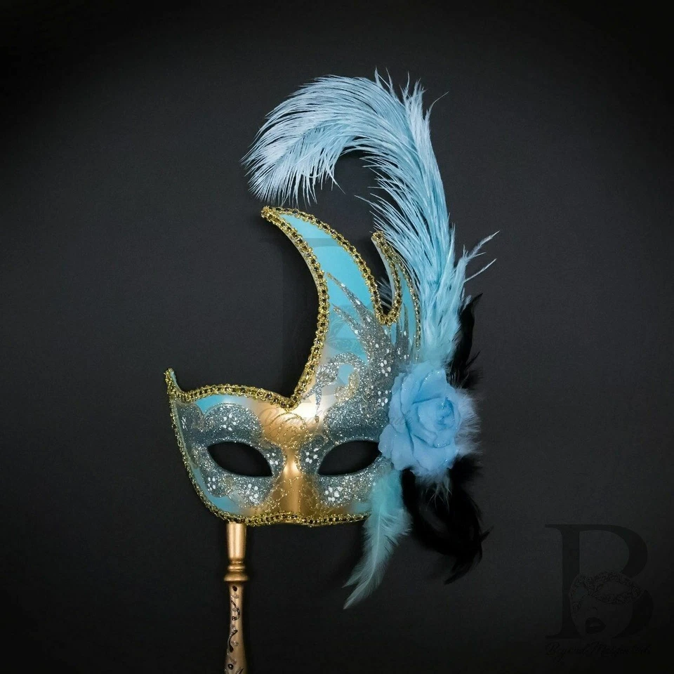 Holding Stick Party Mask | Feather Masquerade Mask Gold Mint Blue M6131 - Image 4 of 4